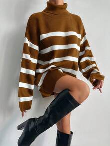 EURMUSE Women's Turtleneck Oversized Drop Shoulder Long Sleeve Knit Sweater - Rust Brown - View 3