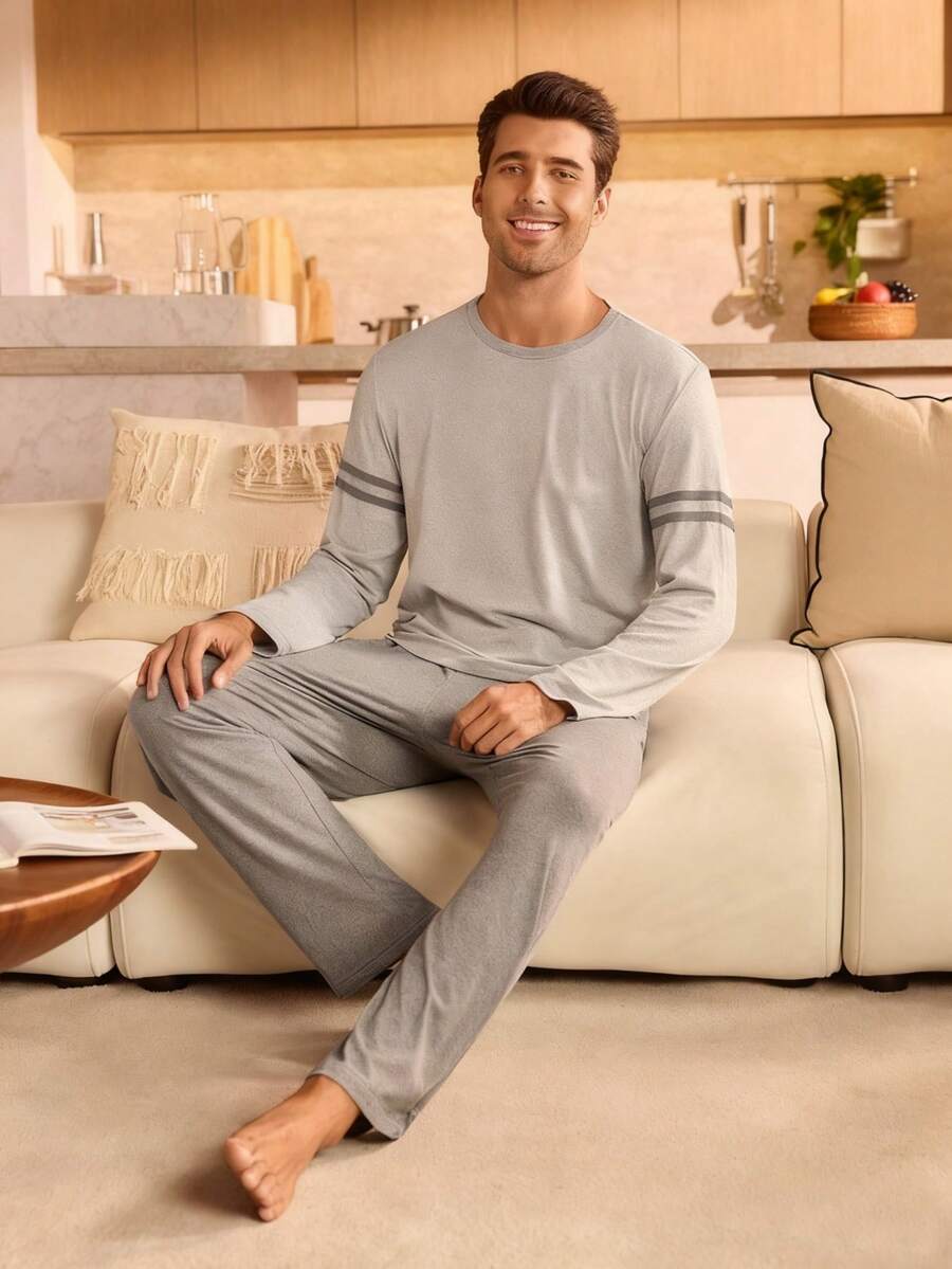 Manfinity Underwear&Sleepwear Basics Men's Contrast Stripe Long Sleeve Top & Pants Pajama Set, Fall Winter Clothes