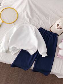 Genkimix Kids Genkimix 少女女孩 2 件套：白色插肩袖运动衫和宽松粉色运动裤，适合春季、秋季、冬季穿着，适合外出、上学和日常休闲穿着 - 藏蓝色 - 查看 2