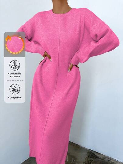 EURMUSE Vestido longo casual feminino com fenda lateral e cor sólida, outono inverno