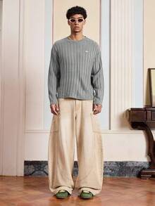 SWAVVY 男士休闲字母图案落肩毛衣，秋冬 - 灰色 - 查看 4