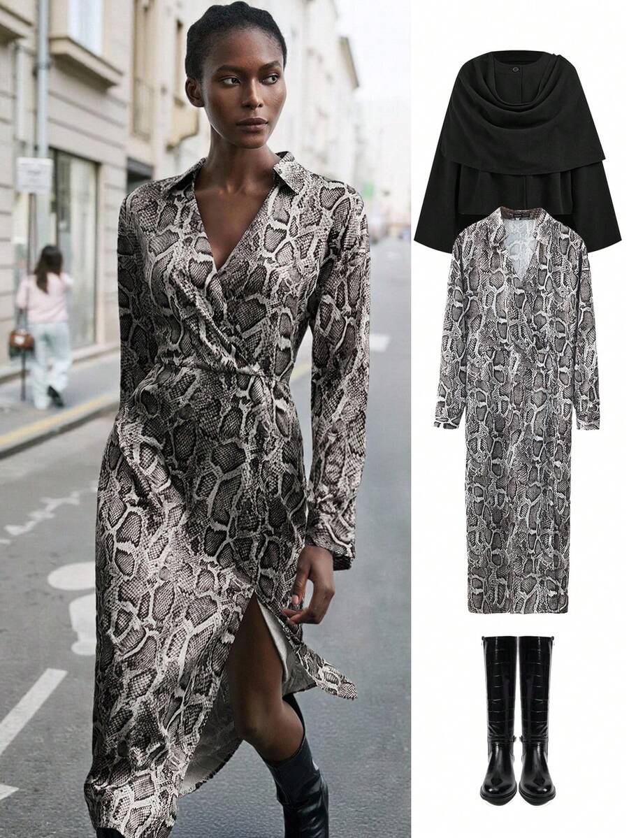 Maija 女士蛇皮印花长袖开衩连衣裙 - 彩色 - 查看 1