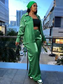 Slaydiva Sage Green,Autumn,Elegant,Formal Plus Size 2 Pieces Set Loose Shirt Collar Long Sleeve Sparkly Top And Wide Leg Long Pants For Casual Streetwear Party - Green - View 4
