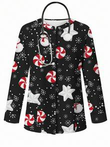 PopScrub 女士休闲圣诞糖果、雪花和雪人印花开衫夹克，适合护士制服，春秋季 - 彩色 - 查看 5