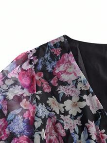 Truni 女式加大码 V 领灯笼袖系腰花卉印花网眼飘逸连衣裙，浪漫优雅 - 彩色 - 查看 4