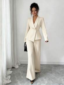 Elenzga Women's Suit Set, Suit Fabric, Lapel Collar, Long Sleeve, Waist Cinched A-Line Asymmetric Hem, Metal Button Decor, Sophisticated & Elegant For Office, Commute, Street Style, French Romantic, Casual, Middle Eastern Vintage, Afternoon Tea, Party, Thanksgiving, Back To School, Spring/Autumn/Winter