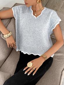 Serisse Women's Contrast Trim Shell Edge Knit Sweater, Winter Clothes For Women,Fall/Winter ,New Year Clothes For Women , Elegant