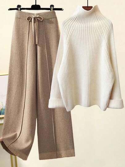 Chiquease 2Pcs Apricot Women Sweater Set, Ribbed Knit Cream Color Sweater & Pants, Casual Minimalist Style, Long Sleeve Half-High Collar Fall Winter Cloth For Women