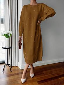 EURMUSE Women Solid Color Round Neck Pearl Detailed Long Sweater Dress - Brown - View 9