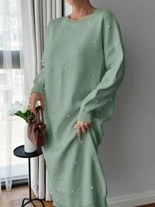 EURMUSE 女士纯色圆领珍珠细节长款毛衣连衣裙