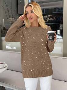 RueChic 女士珍珠细节圆领米色休闲优雅毛衣