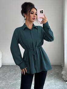 Elenzga 女士优雅法式办公室通勤街头风格实用衬衫，采用衬衫领、前襟、腰部抽绳、蝴蝶结长袖衬衫，适合春秋冬季 - 水鴨藍 - 查看 6