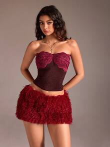 TRNVIE 1 件女式红色撞色蕾丝吊带背心，亮面面料，适合通勤、休闲、约会、派对 - 紅色 - 查看 3