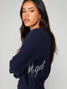 MISSGUIDED Fitted Navy Cropped Cardigan With Embroidered Monogram Detail Button Front Fall Sweater - Navy Blue - View 4