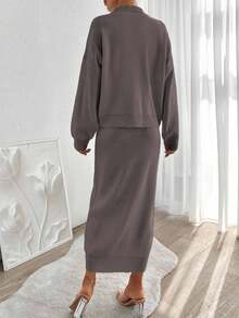 EURMUSE Women's Autumn Simple Solid Color Batwing Sleeve Sweater And Skirt Set - Mocha Brown - View 2