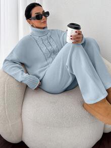 EURMUSE 2pcs/Set High Neck Cable Knit Pullover Sweater And Knitted Long Pants - Baby Blue - View 7