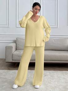 SHEIN Tall Tall Women V-Neck Oversize Sweater And Knit Pant Set - Beige - View 4