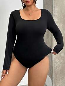 SHEIN EZwear Plus Size Women's Solid Color Minimalist Long Sleeve Bodysuit, Autumn/Winter - Multicolor - View 5
