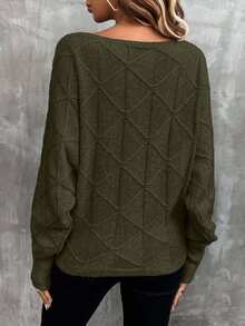 EURMUSE Damen Lässig Einfarbiger Fledermausärmel Pullover, Herbst/Winter - Armeegrün - Übersicht 2
