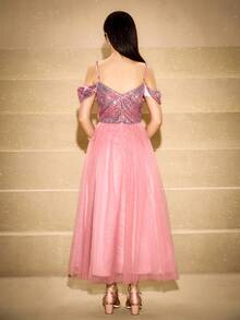 Vestido elegante con hombros descubiertos y lentejuelas para adolescentes, adecuado para bailes de graduación, actuaciones, banquetes, recepciones, exposiciones de arte y eventos de moda - Rosa - Ver 2