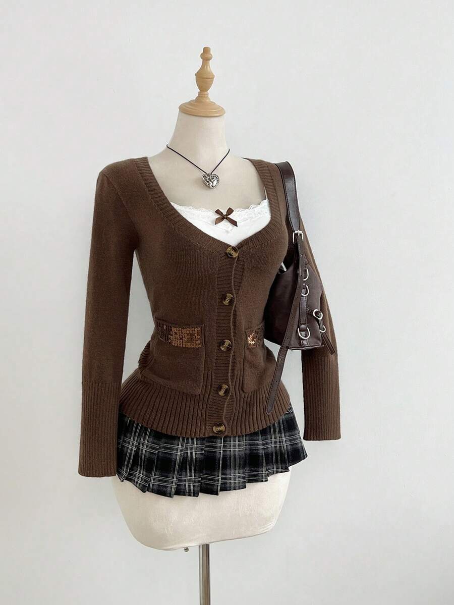 Elamini Cárdigan casual ajustado para mujer con bloques de color y decoración de lazo, de manga larga - Marrón - Ver 1