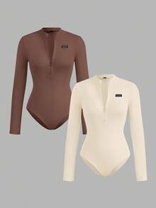 SHEIN EZwear 2 件女士休闲简约风格真刺绣字母徽章拉链高领紧身连体衣，百搭服装，适合秋冬季，机场搭配 - 彩色 - 查看 4