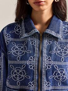 Easelle 女式花卉刺绣长袖拉链休闲牛仔夹克，秋季