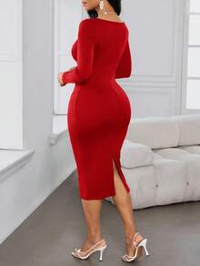 SHEIN Lady 女士优雅纯色不对称领口修身中长连衣裙 - 紅色 - 查看 2