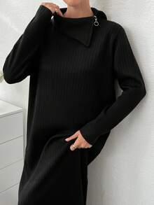 EURMUSE 女士纯色高领长袖宽松休闲长款毛衣连衣裙，秋冬 - 黑色 - 查看 2