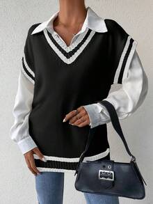 EURMUSE 1pc Striped V-Neck Sweater Vest For Women - Black - View 4