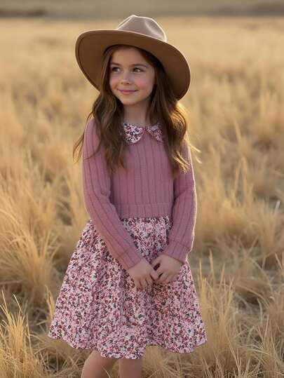 SHEIN Vintaside Kids 女童优雅玫瑰提花针织拼布花卉数码印花荷叶边领二合一连衣裙，秋季