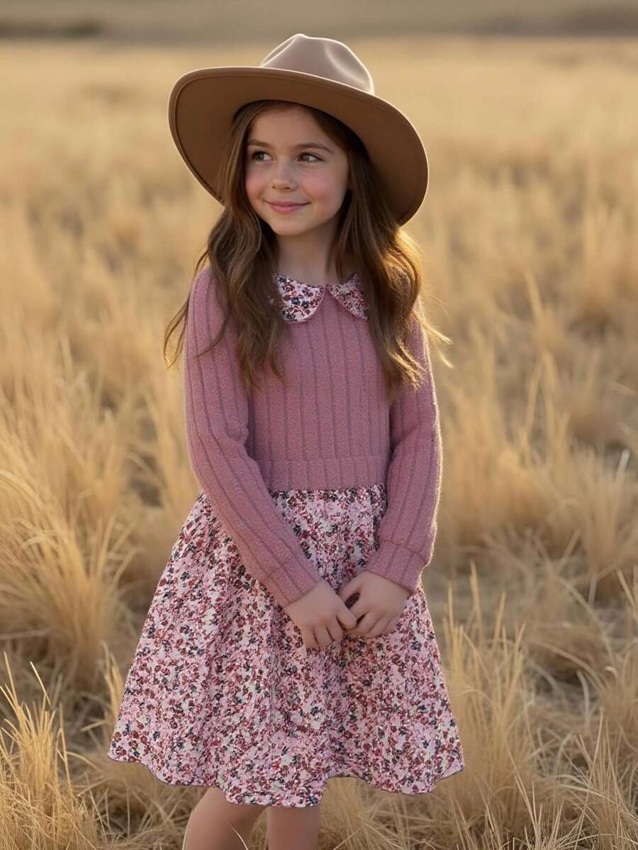 SHEIN Vintaside Kids 女童优雅玫瑰提花针织拼布花卉数码印花荷叶边领二合一连衣裙，秋季 - 粉色 - 查看 1