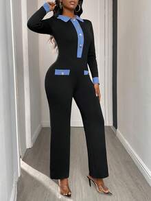 Rovax Women's Casual/Office Commute Contrast Color Half-Button Cardigan & Jumpsuit Set, Autumn/Winter - Black - View 5