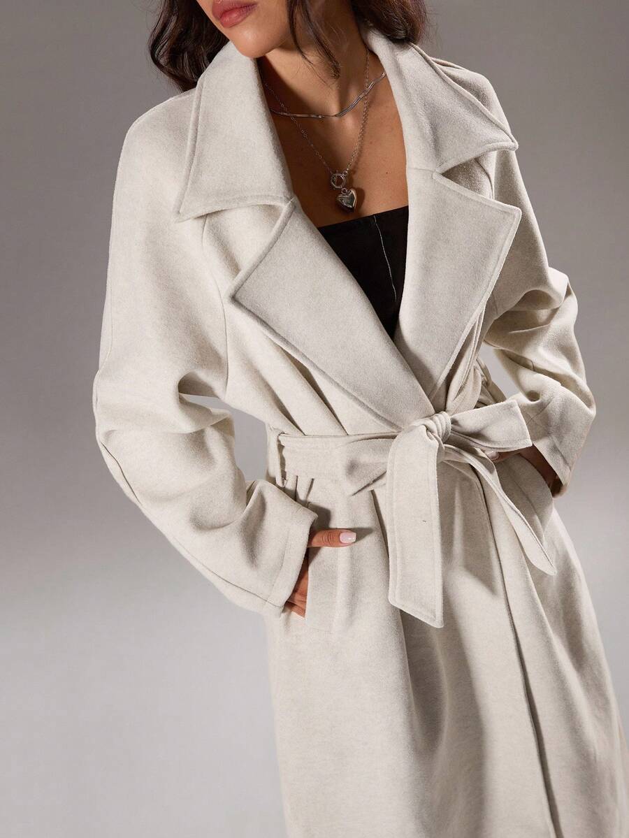 TRNVIE 女士杏色长款外套，翻领，带腰带，带口袋，休闲/日常通勤，秋冬款 - 杏色 - 查看 1