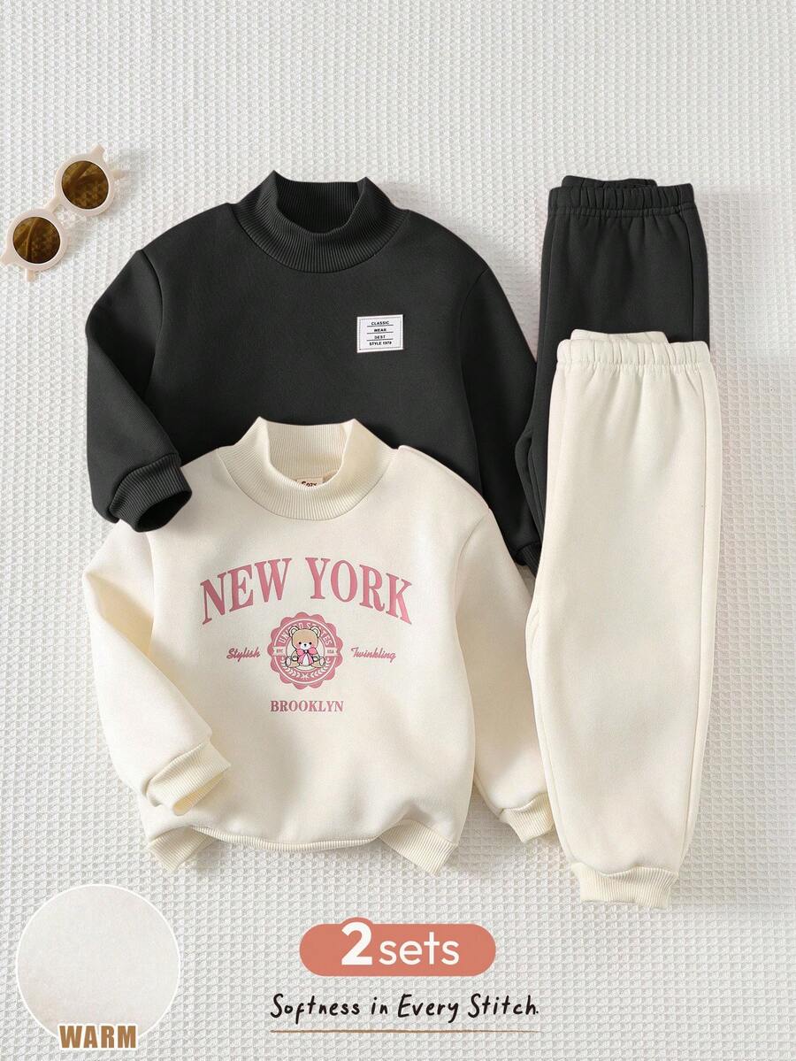 Cozy Pixies Conjunto informal de 4 piezas para bebé niña: Suéter de cuello alto de punto suave con estampado de letras y pantalones acampanados de cintura elástica - Multicolor - Ver 1
