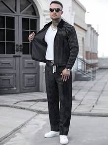 Manfinity CasualCool 男士休闲条纹印花拉链外套和抽绳长裤套装，春秋季男士西装外套和裤子，男士休闲西装两件套条纹套装 - 黑色 - 查看 6