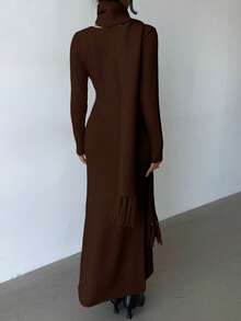 Elenzga Elegant Light Apricot V-Neck Simple Comfortable Vintage Style Knitted Dress With Tassel Scarf, Suitable For Commuting And Outings In Autumn/Winter - Brown - View 2