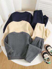 SHEIN 6pcs/Set Baby Boys Thermal Lined Crew Neck Sweatshirt&Jogger Pants Outfit Set,Navy Blue,Autumn,Modest,Evening Casual Unisex Winter Toddler Clothes - Multicolor - View 2
