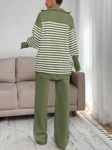 EURMUSE Women Stripe Pattern Zip Detailed Neck Drop Shoulder Pullover & Sweater Pants Set - Cadet Blue - View 4