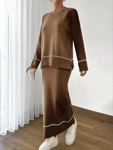 EURMUSE Women Solid Color Round Neck Drop Shoulder Stripe Pattern Pullover & Sweater Skirt Set - Brown - View 5