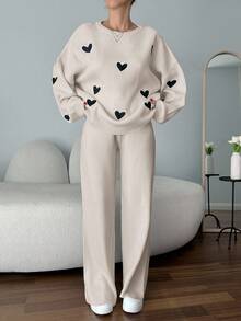 EURMUSE Women Hearth Pattern Sweater & Sweater Pants Set - Beige - View 1