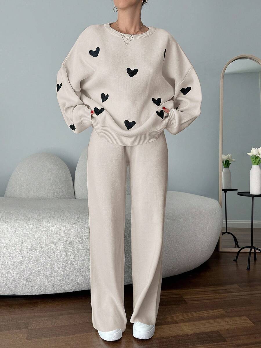 EURMUSE Women Hearth Pattern Sweater & Sweater Pants Set - Beige - View 1