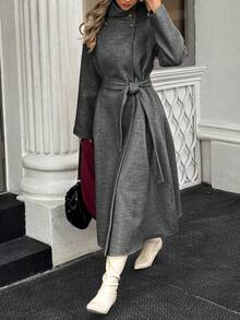 Xyvia 秋冬女装休闲高领纽扣腰带中长款毛呢大衣，老钱风女装/女士办公装/外出装，女士秋装 - 灰色 - 查看 6