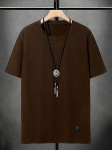 Fenqiro Camiseta de manga corta de cuello redondo de unicolor casual para hombres - Marrón - Ver 2