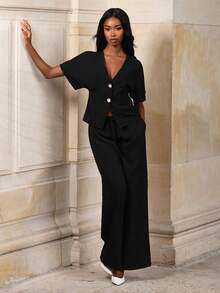 Mima John Elegante cardigan con maniche a campana e doppio petto, camicia casual semplice di colore bianco solido - nero - Visualizzare 5