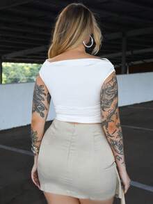 Arliah 毕业装休闲百搭吊带不规则下摆新款夏款卡其色纹理宽面料裙子女士短裙女裙女士夏装夏装下装 - 卡其色 - 查看 2