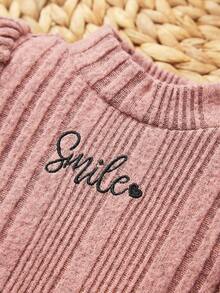 SHEIN Baby Girl Letter Embroidery Mock Neck Lantern Sleeve Dress - Pink - View 4