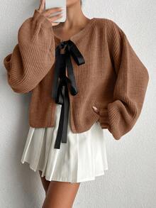 EURMUSE Women's Drop Shoulder Long Sleeve Bowknot Ribbon Thick Knit Cardigan,Petite Cardigans,Cardigans - Camel - View 6