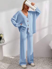 EURMUSE Drop Shoulder Cardigan & Tie Front Knit Pants - Baby Blue - View 7