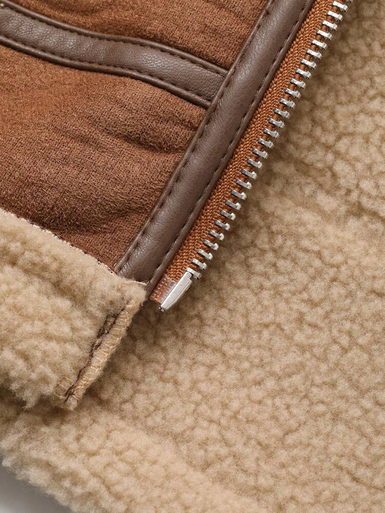 Dazy Plus Plus Size Women Faux Shearling & Suede Patchwork Motorcycle Jacket, Warm Thermal Lined, Autumn/Winter Thermal Lined Women Coats